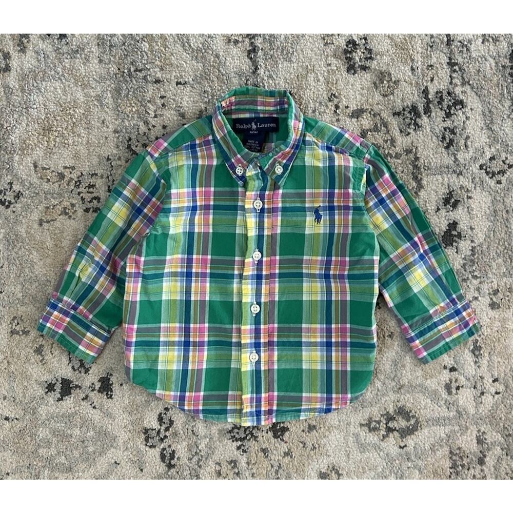Ralph Lauren Baby Boy 12 Month Cotton Long Sleeve Button Up Shirt Green Plaid
